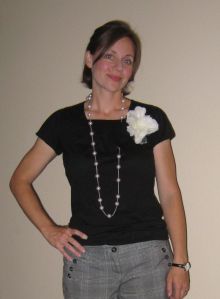 A few years ago...Shirt: hand-me-down from a girl at church. Flower pin:  gift from friend. Necklace:  gift from sister. 