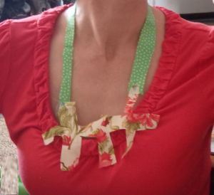 Shirt:  hand-me-down from my sis. Cloth necklace:  made from scraps for me by my older son.